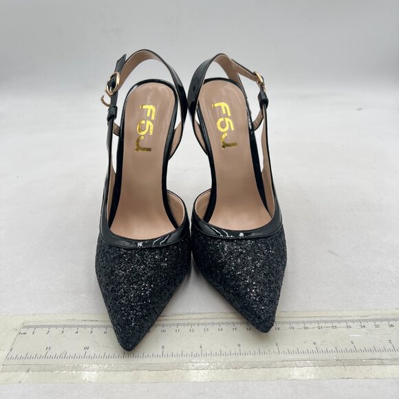 FSJ Black Glitter Pointed Toe D'Orsay High Heel Slingback Pumps Cutout Sandals - Picture 3 of 8